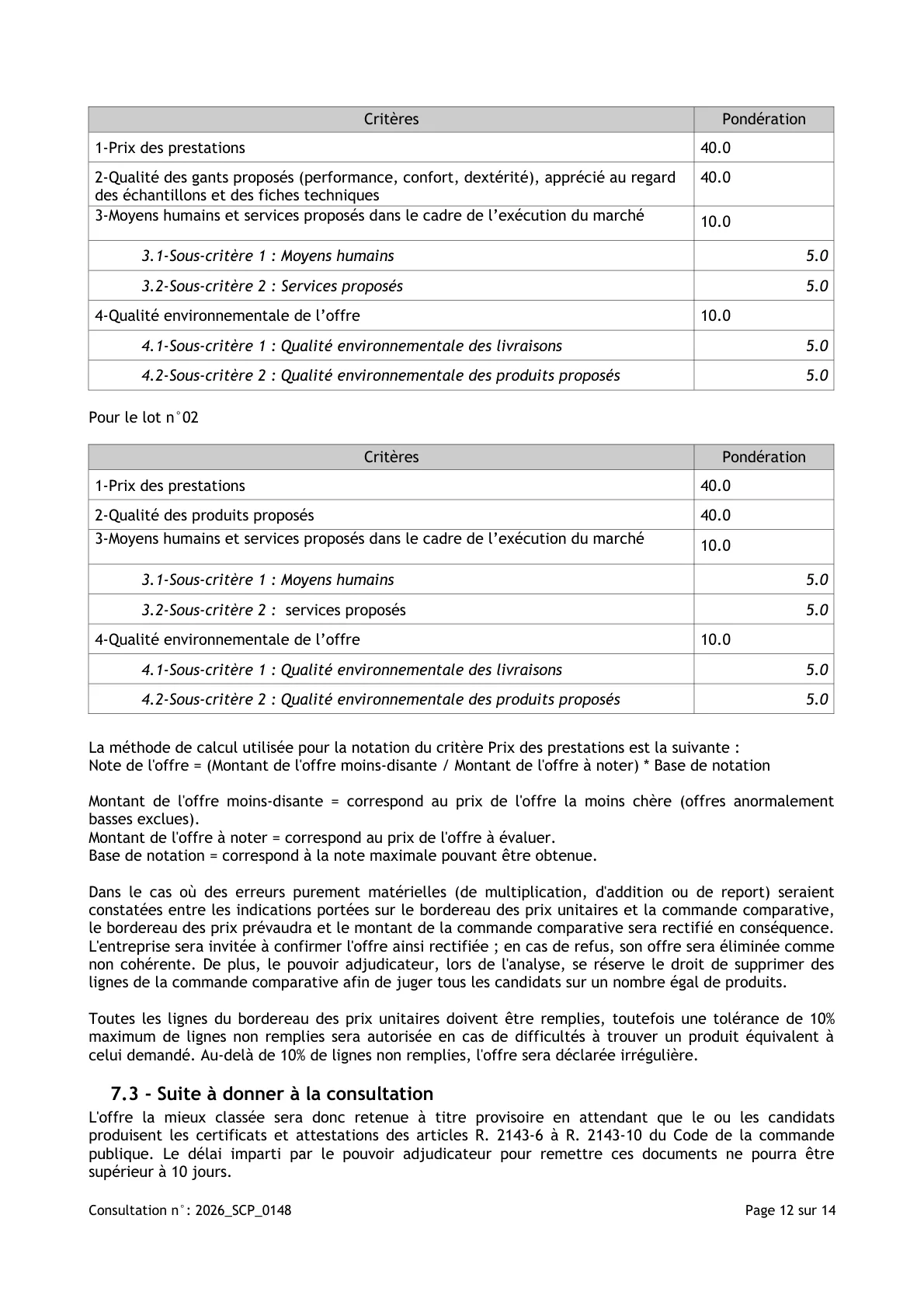 Page 12 du règlement de consultation. Le premier tableau attribue au prix des prestations une pondération de 40.0 pour le lot 1.